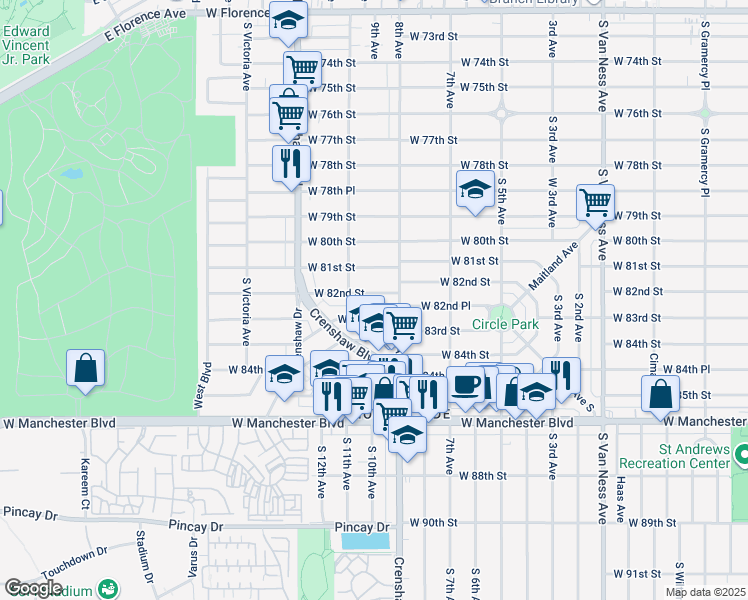 map of restaurants, bars, coffee shops, grocery stores, and more near 3200 West 82nd Street in Inglewood