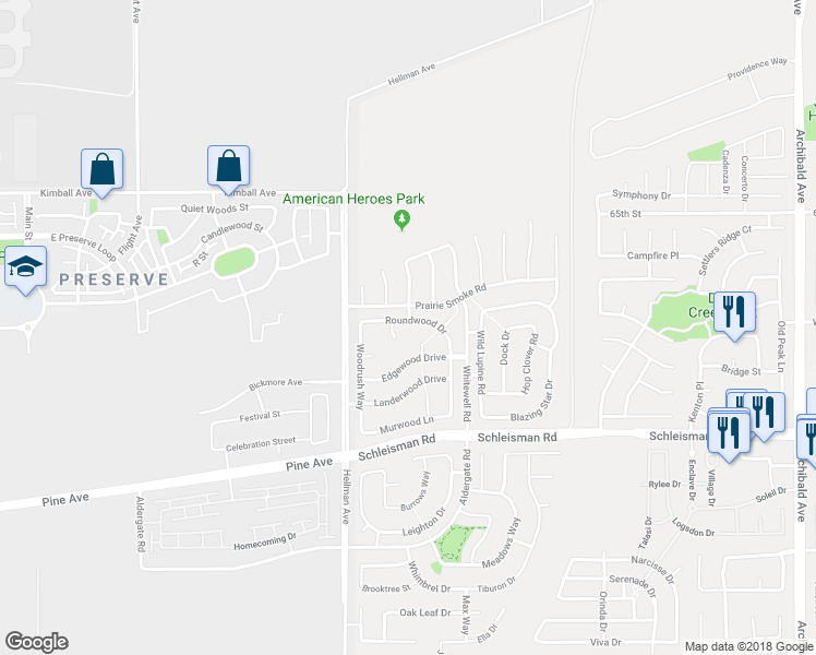 map of restaurants, bars, coffee shops, grocery stores, and more near 14897 Roundwood Drive in Corona