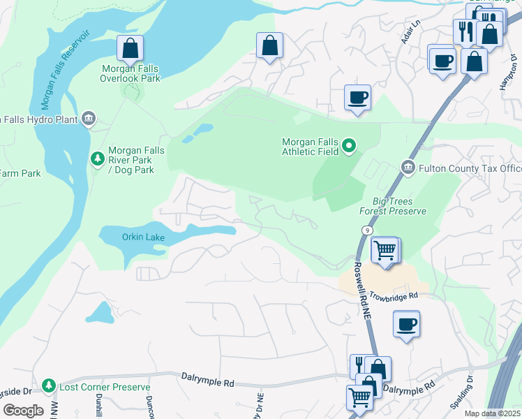 map of restaurants, bars, coffee shops, grocery stores, and more near 1302 Santa Fe Parkway in Sandy Springs