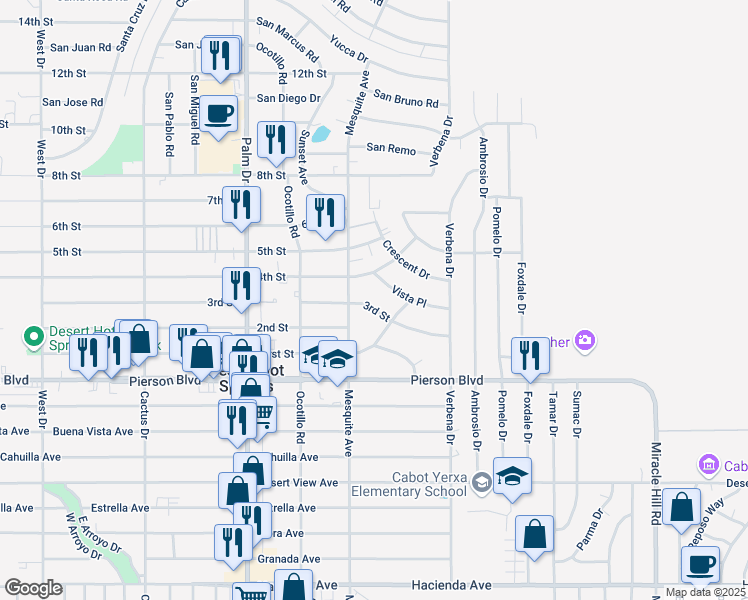 map of restaurants, bars, coffee shops, grocery stores, and more near 66800 3rd Street in Desert Hot Springs