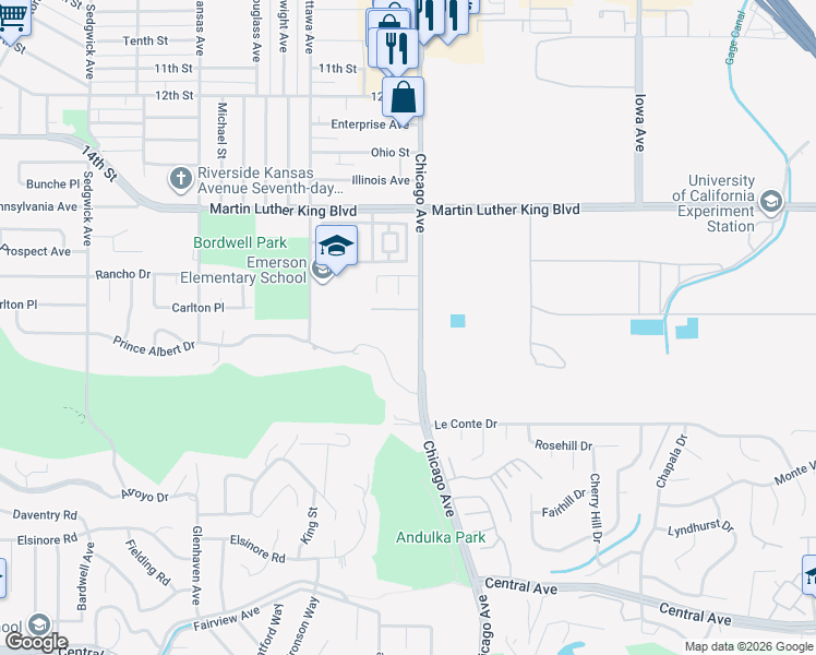 map of restaurants, bars, coffee shops, grocery stores, and more near 4785 Chicago Avenue in Riverside