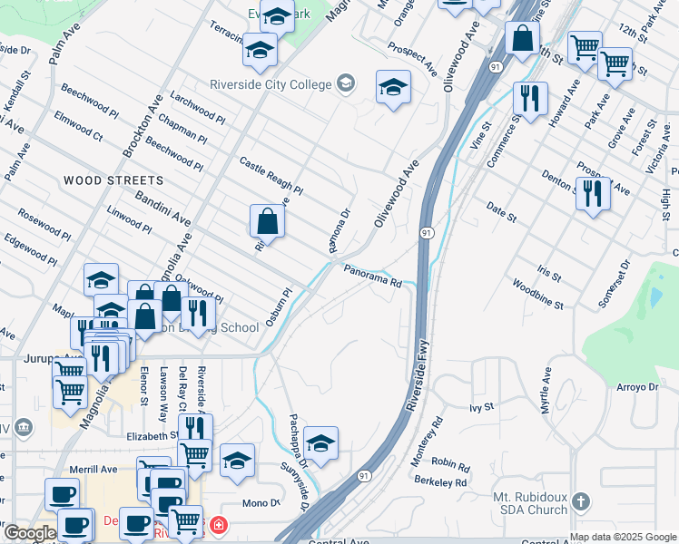 map of restaurants, bars, coffee shops, grocery stores, and more near 3320 Panorama Road in Riverside