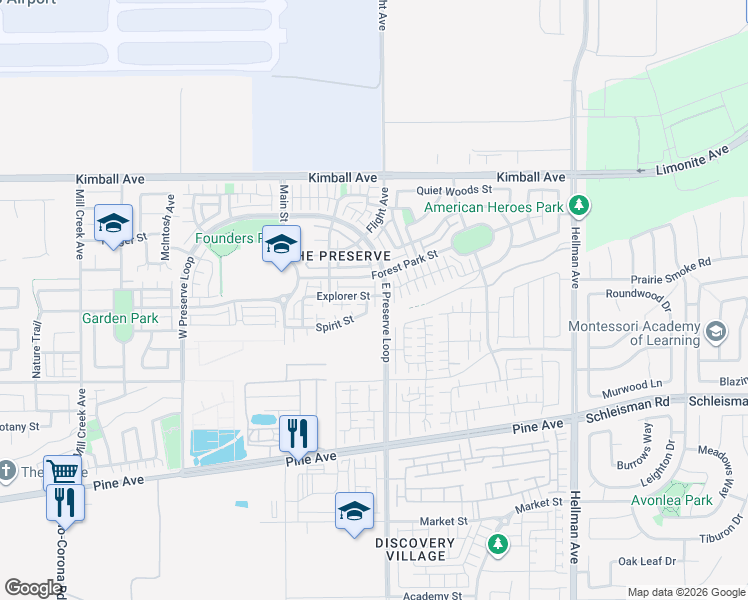 map of restaurants, bars, coffee shops, grocery stores, and more near 15924 East Preserve Loop in Chino