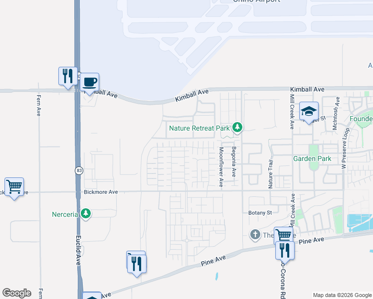 map of restaurants, bars, coffee shops, grocery stores, and more near 7464 Shorthorn Street in Chino