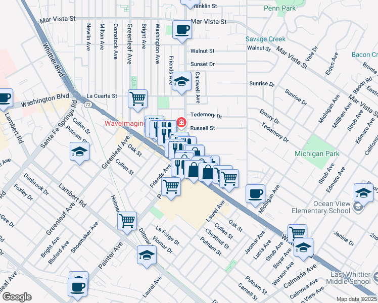map of restaurants, bars, coffee shops, grocery stores, and more near 13422 Valna Drive in Whittier