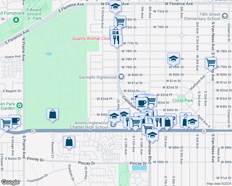 map of restaurants, bars, coffee shops, grocery stores, and more near in Inglewood