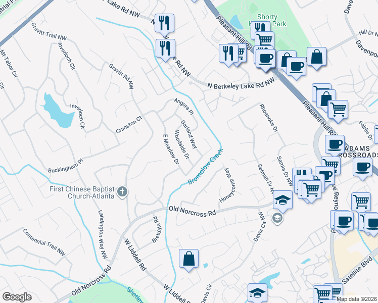 map of restaurants, bars, coffee shops, grocery stores, and more near 2601 Woodside Drive in Duluth