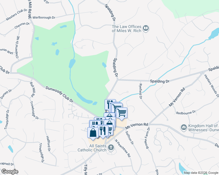 map of restaurants, bars, coffee shops, grocery stores, and more near 7705 Jett Ferry Road in Atlanta