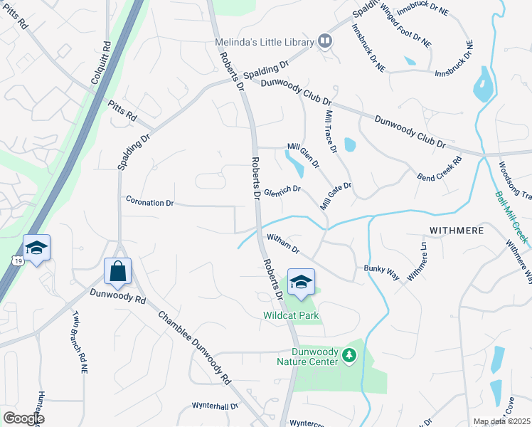 map of restaurants, bars, coffee shops, grocery stores, and more near 5573 Roberts Drive in Dunwoody