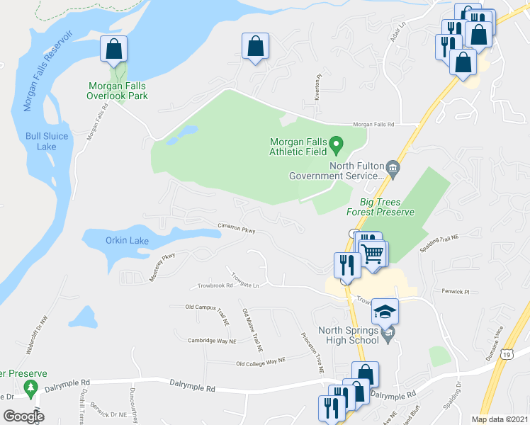 map of restaurants, bars, coffee shops, grocery stores, and more near 1202 Santa Fe Parkway in Sandy Springs