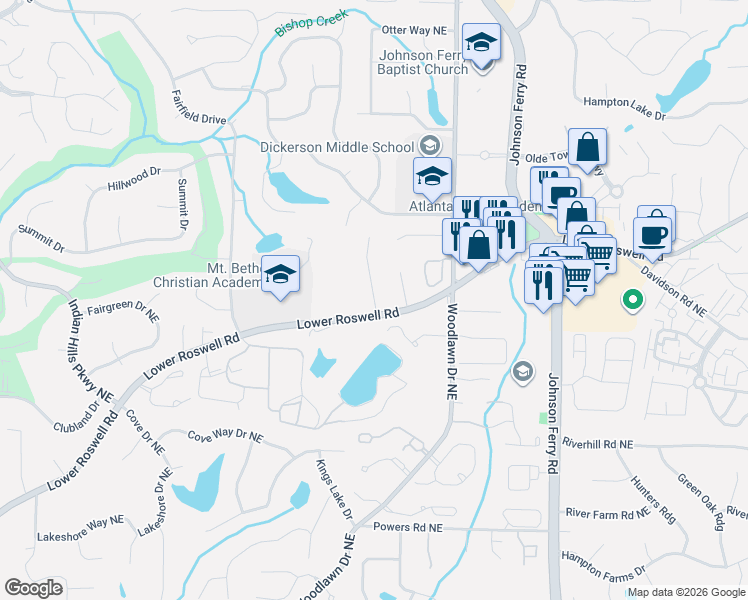 map of restaurants, bars, coffee shops, grocery stores, and more near 4505 Lower Roswell Road in Marietta