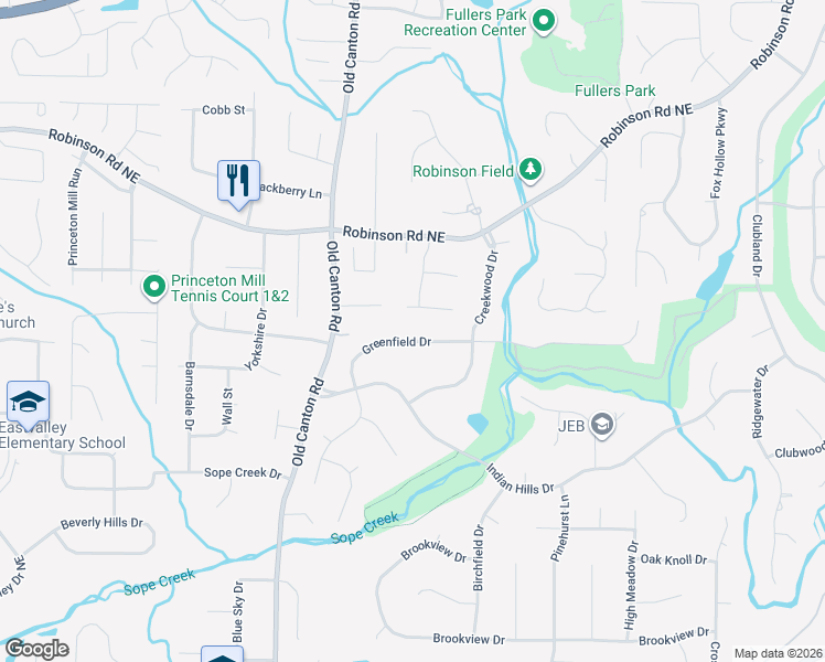 map of restaurants, bars, coffee shops, grocery stores, and more near 3177 Greenfield Drive in Marietta
