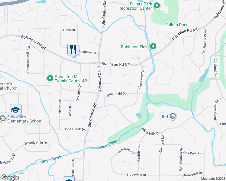 map of restaurants, bars, coffee shops, grocery stores, and more near 3145 Greenfield Drive in Marietta