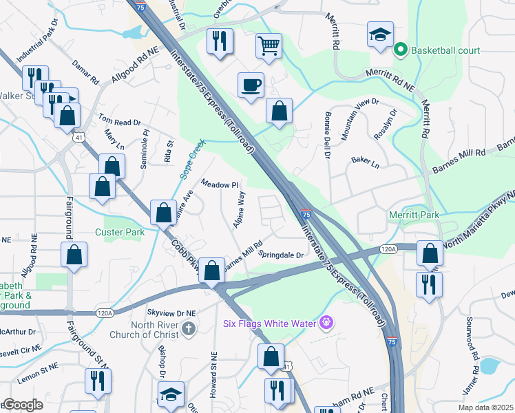 map of restaurants, bars, coffee shops, grocery stores, and more near 1101 Glenivy in Marietta