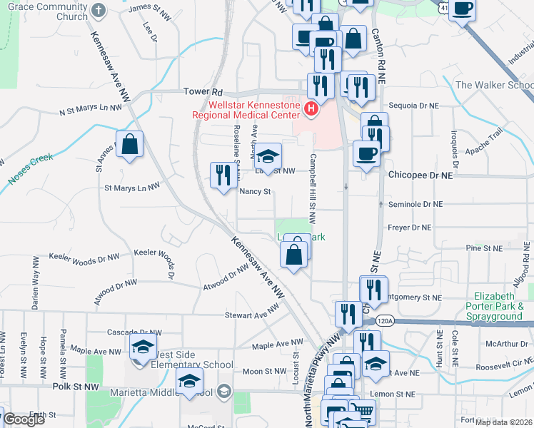 map of restaurants, bars, coffee shops, grocery stores, and more near 112 Olde Marietta Court Northwest in Marietta