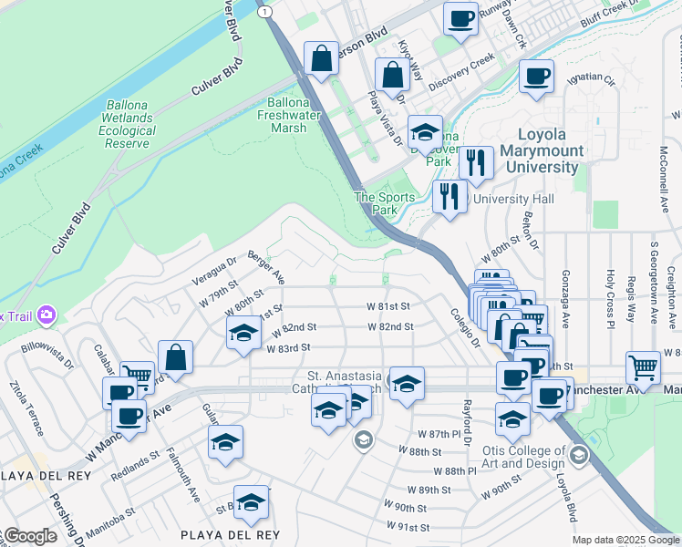 map of restaurants, bars, coffee shops, grocery stores, and more near 8001 South Ocean Bluff Drive in Los Angeles