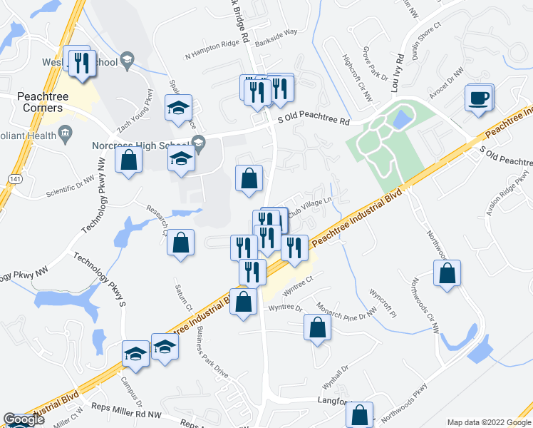map of restaurants, bars, coffee shops, grocery stores, and more near 3284 Medlock Bridge Road Northwest in Norcross