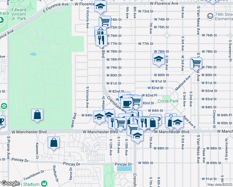 map of restaurants, bars, coffee shops, grocery stores, and more near 3308 West 82nd Street in Inglewood