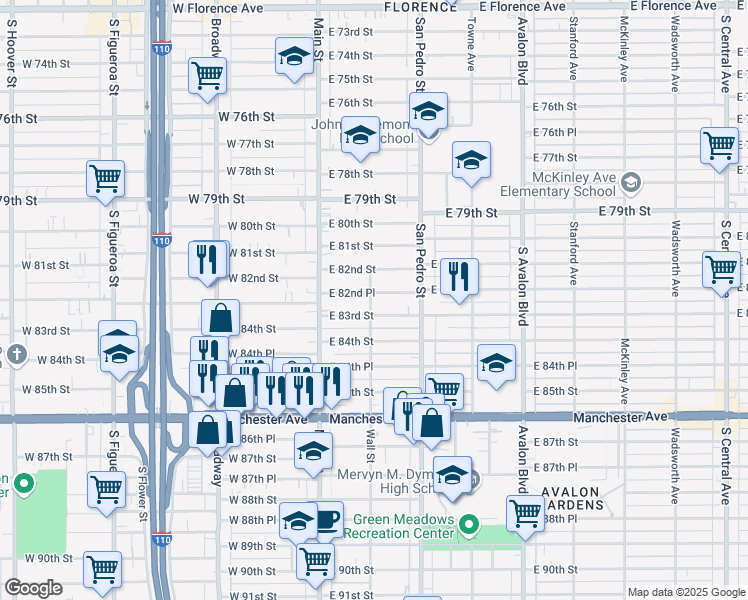 map of restaurants, bars, coffee shops, grocery stores, and more near 8260 Wall Street in Los Angeles