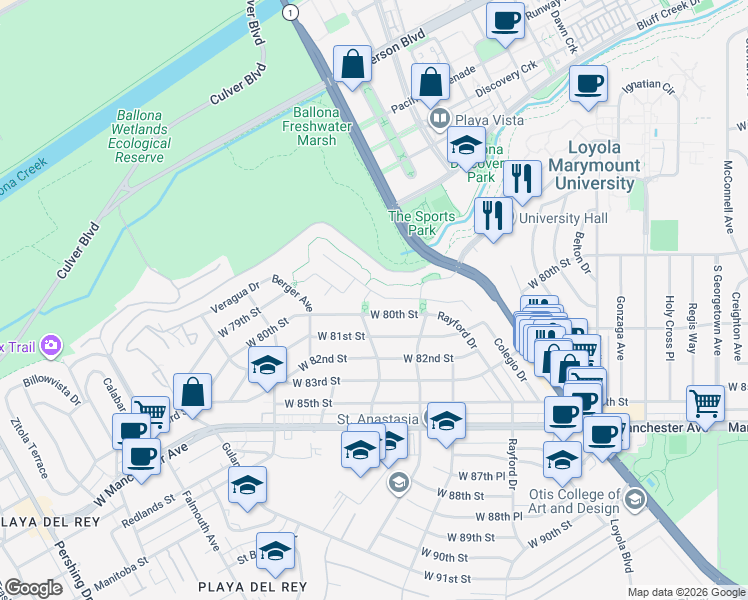 map of restaurants, bars, coffee shops, grocery stores, and more near 8001 South Ocean Bluff Drive in Los Angeles
