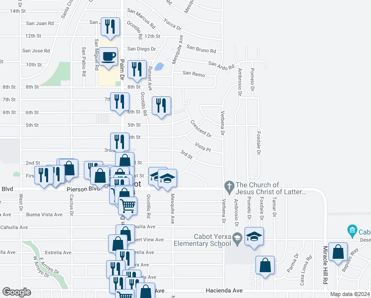 map of restaurants, bars, coffee shops, grocery stores, and more near 66800 3rd Street in Desert Hot Springs