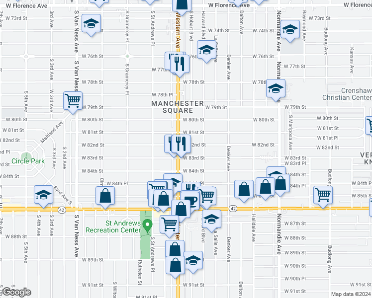 map of restaurants, bars, coffee shops, grocery stores, and more near 1742 West 82nd Street in Los Angeles