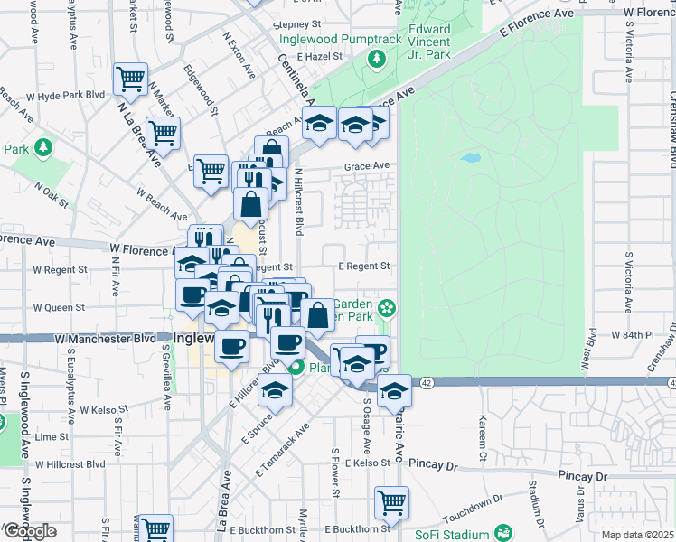 map of restaurants, bars, coffee shops, grocery stores, and more near 600 E Regent St in Inglewood