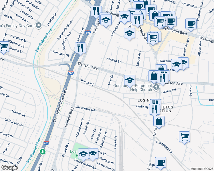map of restaurants, bars, coffee shops, grocery stores, and more near 8627 Vicki Drive in Whittier