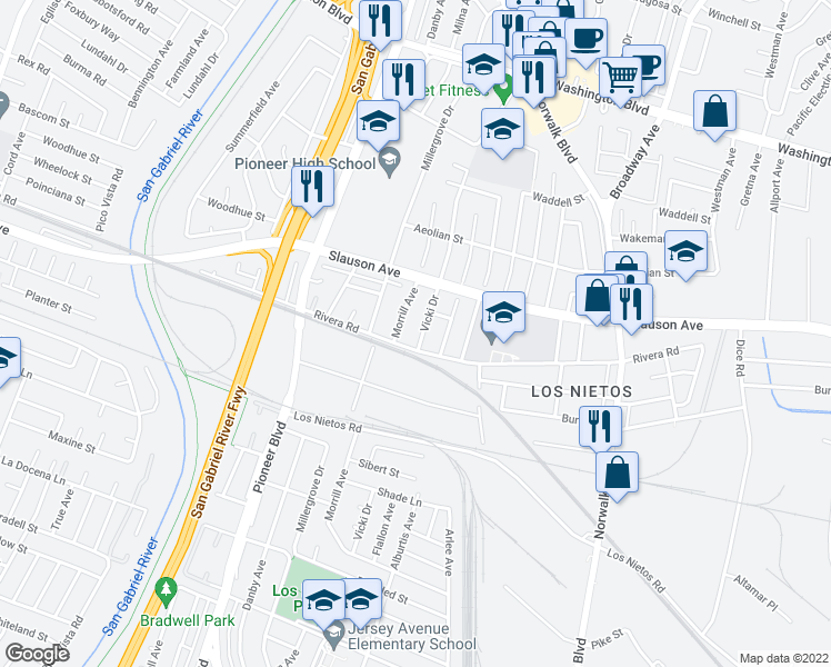 map of restaurants, bars, coffee shops, grocery stores, and more near 8627 Vicki Drive in Whittier