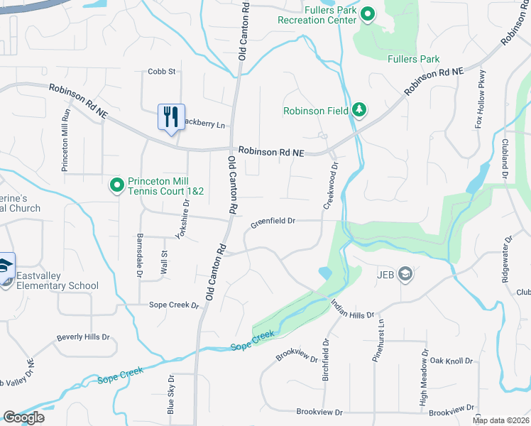 map of restaurants, bars, coffee shops, grocery stores, and more near 3145 Greenfield Drive in Marietta