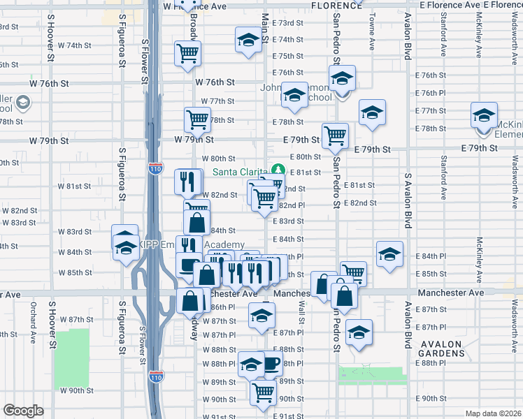 map of restaurants, bars, coffee shops, grocery stores, and more near 8309 South Main Street in Los Angeles