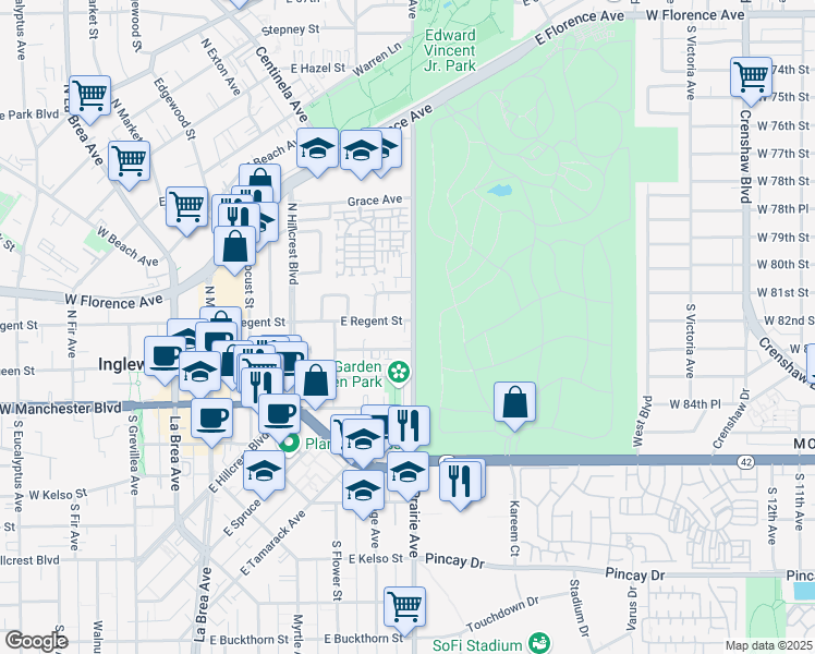 map of restaurants, bars, coffee shops, grocery stores, and more near 664 East Regent Street in Inglewood