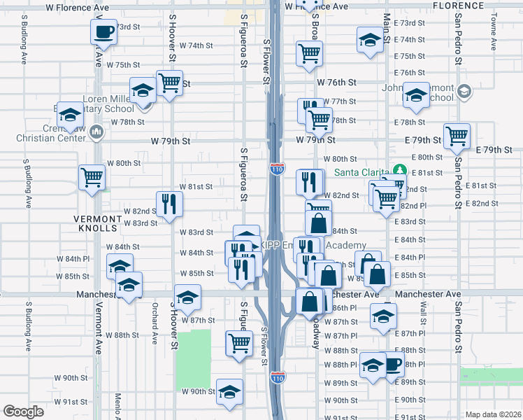 map of restaurants, bars, coffee shops, grocery stores, and more near 437 West 83rd Street in Los Angeles