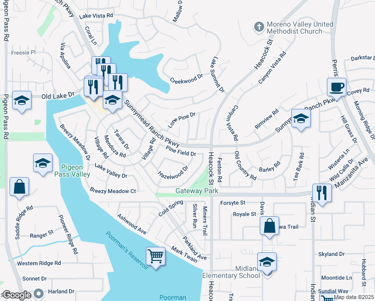 map of restaurants, bars, coffee shops, grocery stores, and more near 23930 Pine Field Drive in Moreno Valley