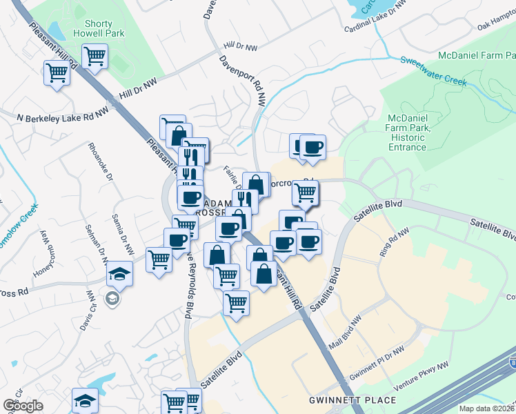 map of restaurants, bars, coffee shops, grocery stores, and more near 2340 Pleasant Hill Road in Duluth