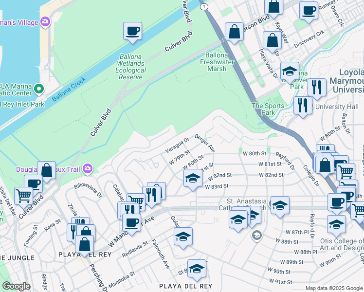 map of restaurants, bars, coffee shops, grocery stores, and more near 7800 Veragua Drive in Los Angeles