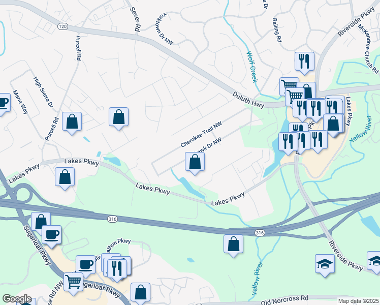 map of restaurants, bars, coffee shops, grocery stores, and more near 1399 Mohawk Drive Northwest in Lawrenceville