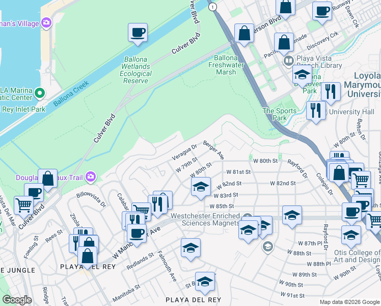 map of restaurants, bars, coffee shops, grocery stores, and more near 7800 Veragua Drive in Los Angeles