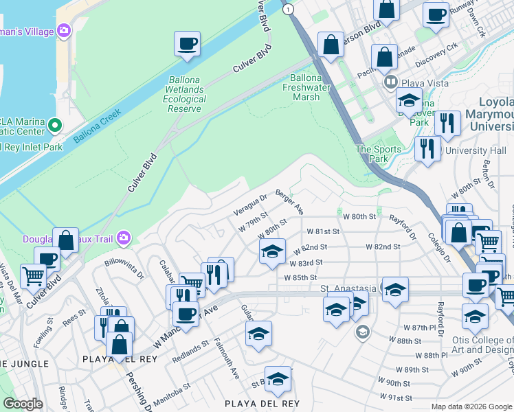 map of restaurants, bars, coffee shops, grocery stores, and more near in Los Angeles County