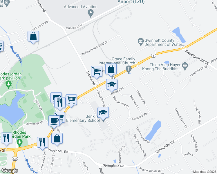 map of restaurants, bars, coffee shops, grocery stores, and more near 45 Providence Oak Court Southeast in Lawrenceville