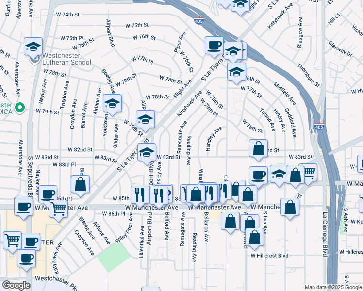 map of restaurants, bars, coffee shops, grocery stores, and more near 8200 Ramsgate Avenue in Los Angeles