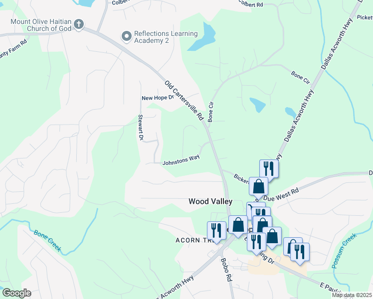map of restaurants, bars, coffee shops, grocery stores, and more near 52 Stevenson Trail in Dallas