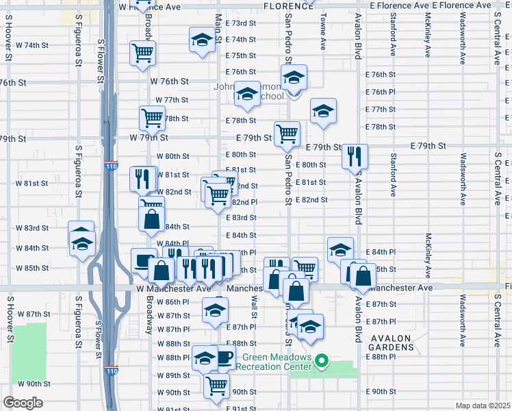 map of restaurants, bars, coffee shops, grocery stores, and more near 8260 Wall Street in Los Angeles
