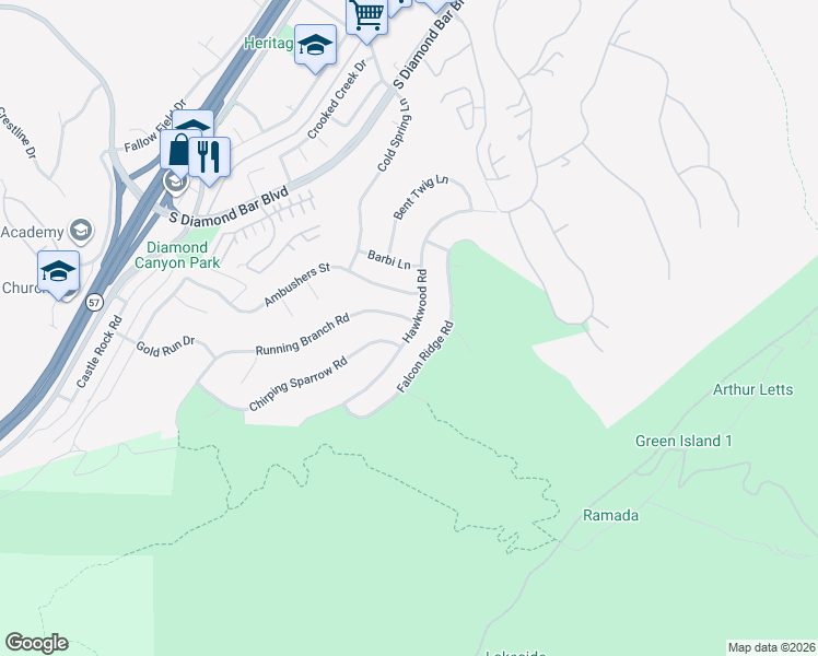 map of restaurants, bars, coffee shops, grocery stores, and more near 21598 Running Branch Road in Diamond Bar