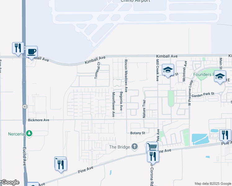 map of restaurants, bars, coffee shops, grocery stores, and more near 15931 Moonflower Avenue in Chino