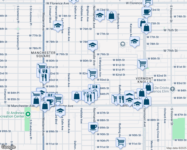 map of restaurants, bars, coffee shops, grocery stores, and more near 8205 Normandie Avenue in Los Angeles