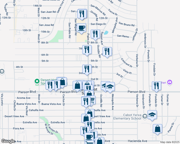 map of restaurants, bars, coffee shops, grocery stores, and more near 11600 Palm Drive in Desert Hot Springs