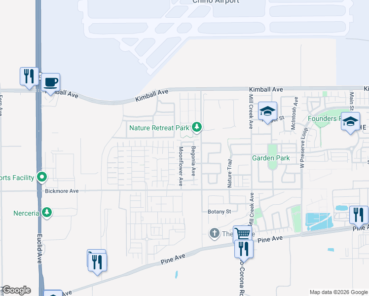 map of restaurants, bars, coffee shops, grocery stores, and more near 15931 Moonflower Avenue in Chino