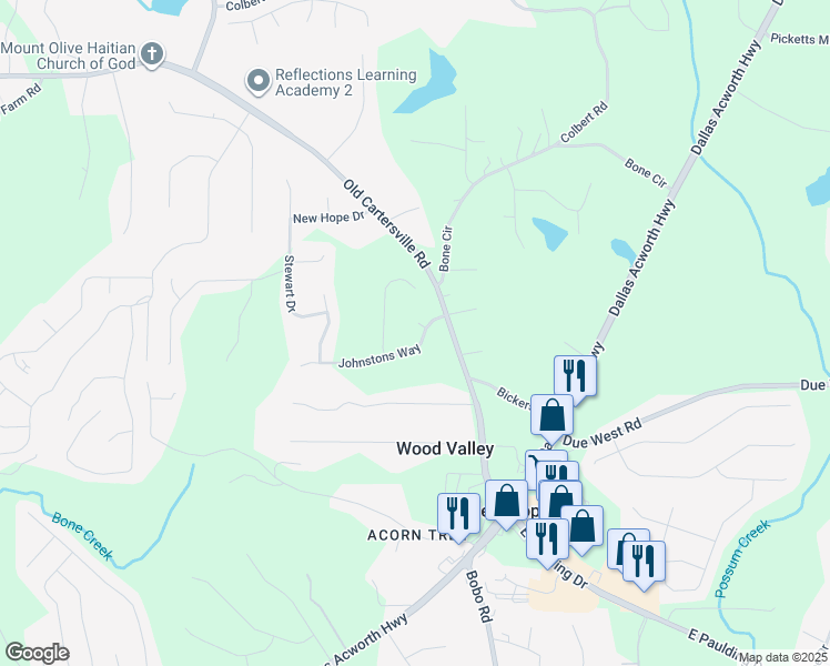 map of restaurants, bars, coffee shops, grocery stores, and more near 112 Johnstons Way in Dallas