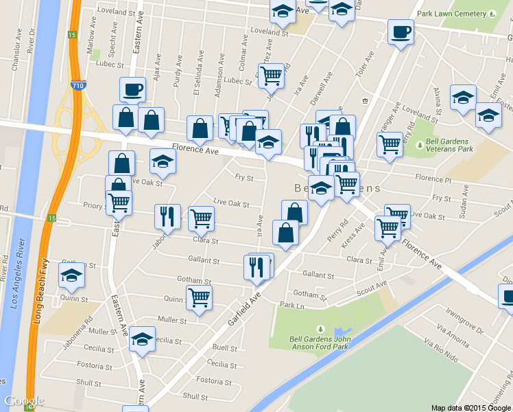 map of restaurants, bars, coffee shops, grocery stores, and more near 6051 Live Oak Street in Bell Gardens
